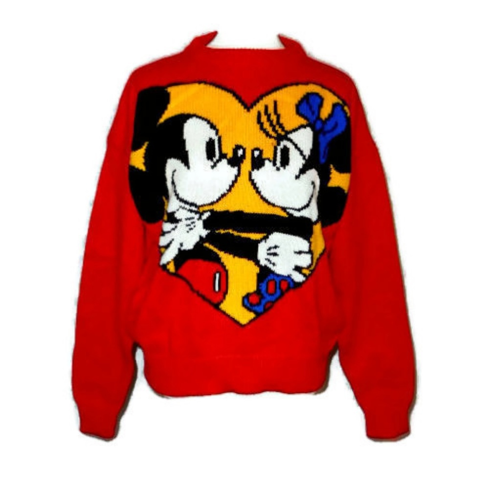 Vtg DISNEY Mickey & Minnie Red Heart Sweater M